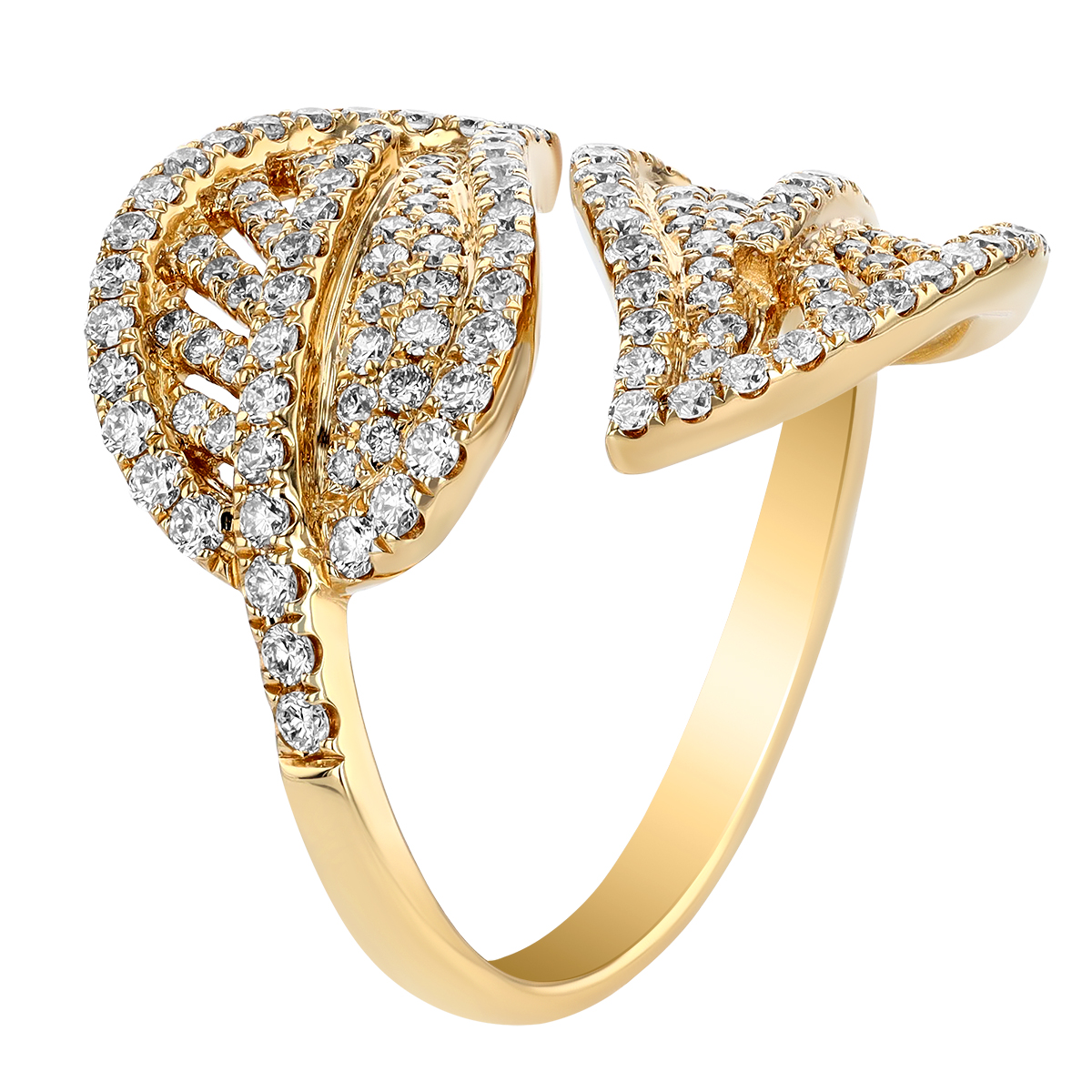 Diamond Pave Leaf Bypass Ring in Yellow Gold