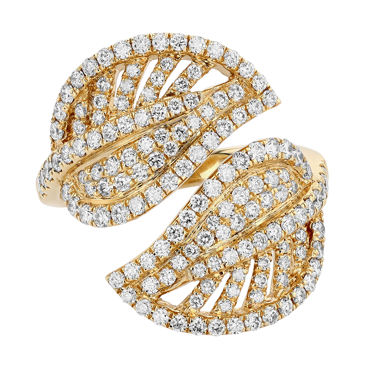Diamond Pave Leaf Bypass Ring in Yellow Gold