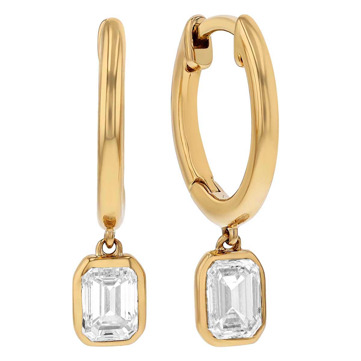 Borsheims Signature Collection Lab-Grown Emerald Cut Diamond Bezel Drop Hoop Earrings in Gold