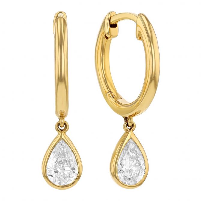 Borsheims Signature Collection Lab-Grown Pear Shaped Diamond Bezel Drop Hoop Earrings in Yellow Gold