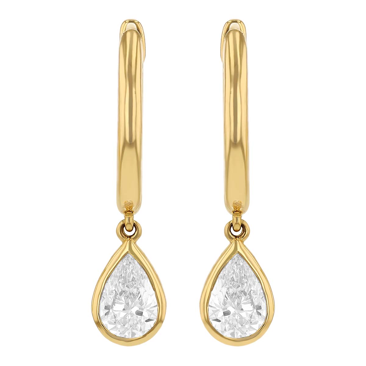 Borsheims Signature Collection Lab-Grown Pear Shaped Diamond Bezel Drop Hoop Earrings in Yellow Gold
