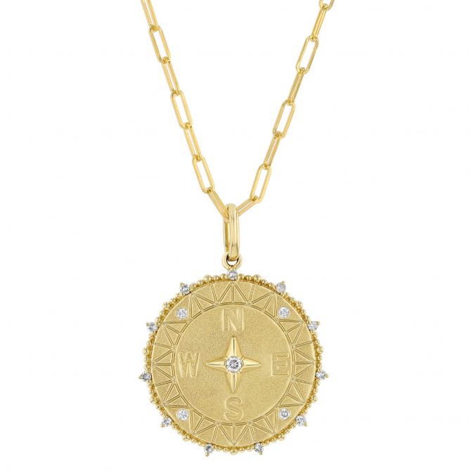Diamond Compass Medallion Pendant in Yellow Gold, 18"