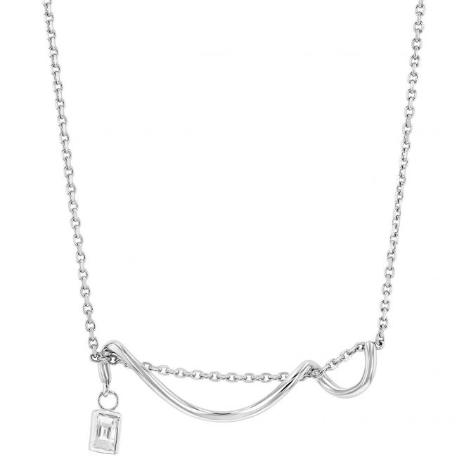 Emerald Cut Diamond Draped Bar Necklace in White Gold, 18"