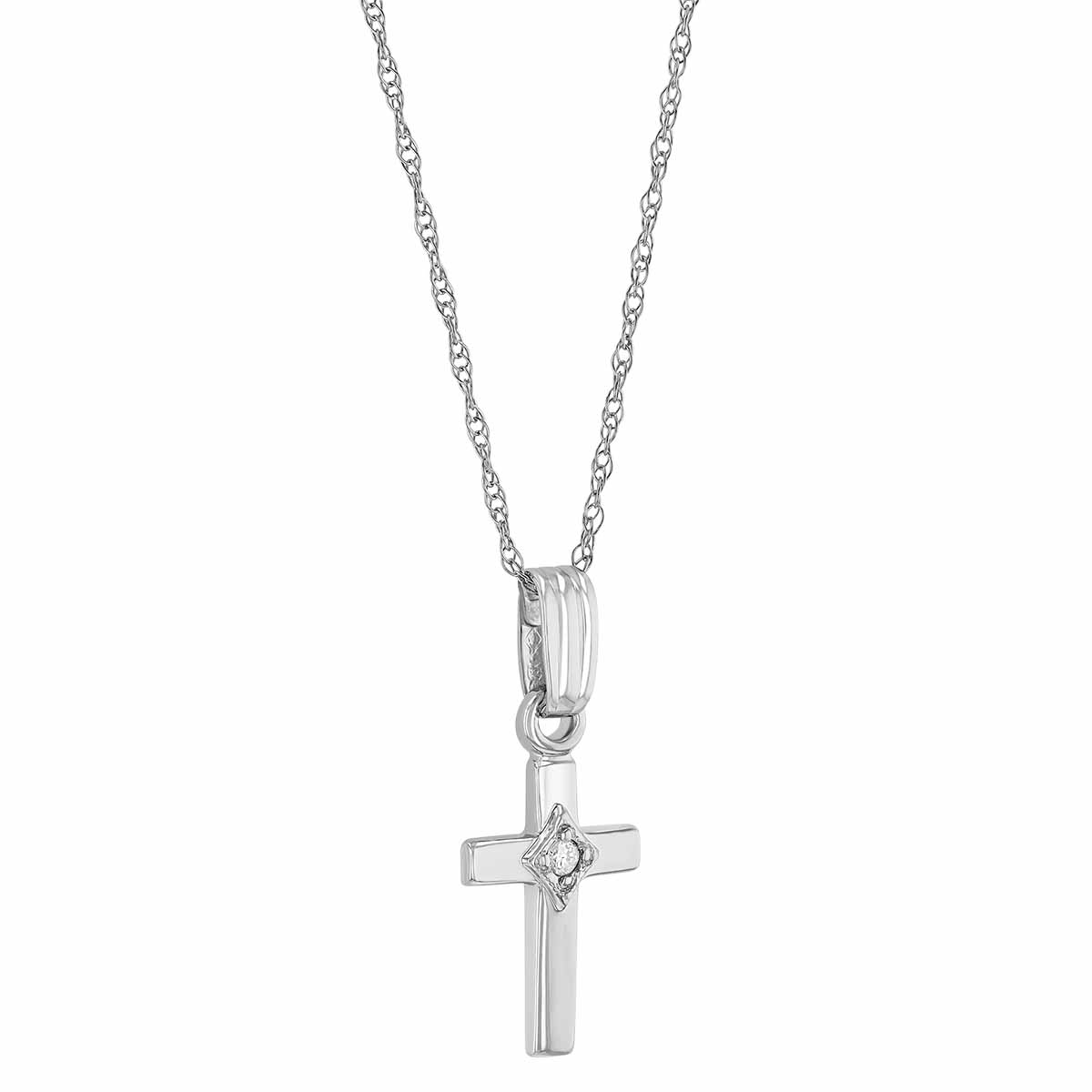 Diamond Center Square Edge Cross Pendant in White Gold, 15
