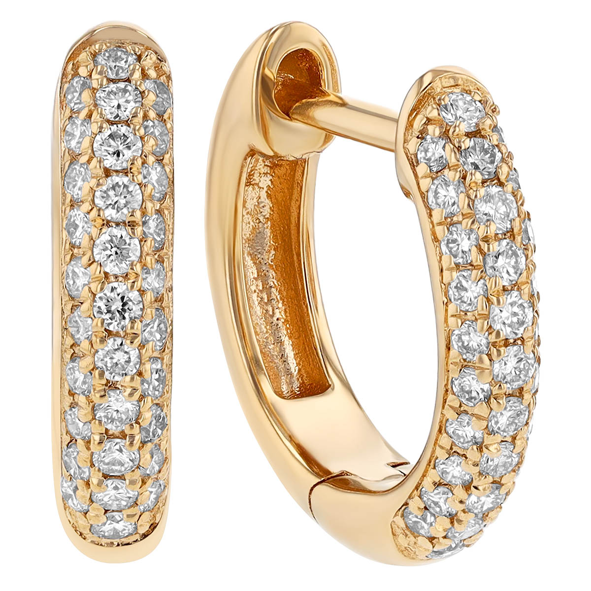 Diamond 3 Row Pavé Huggie Hoop Earrings in Yellow Gold