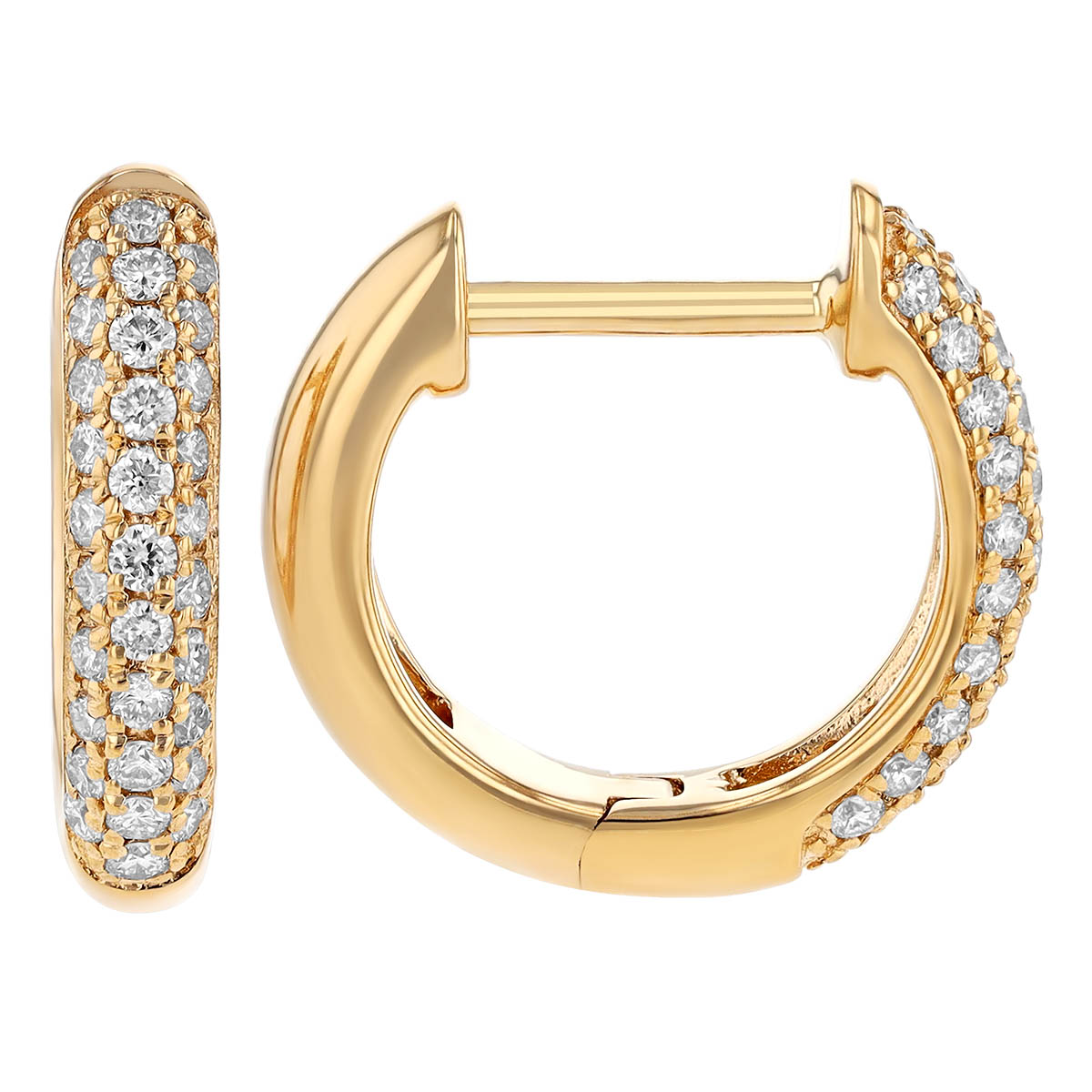 Diamond 3 Row Pavé Huggie Hoop Earrings in Yellow Gold