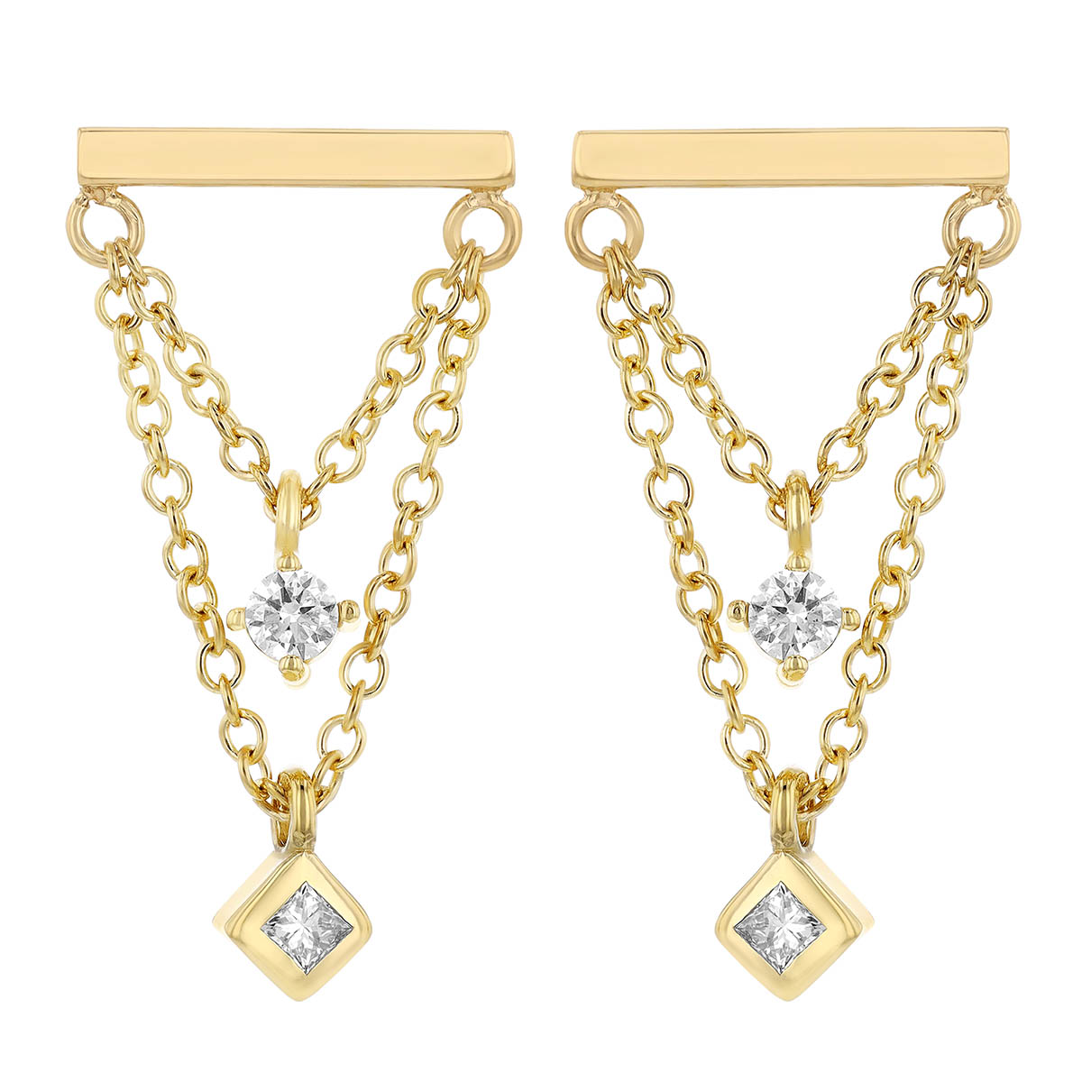 Zoe Chicco Mixed Diamond Double Chain Bar Drop Earrings in Yellow Gold