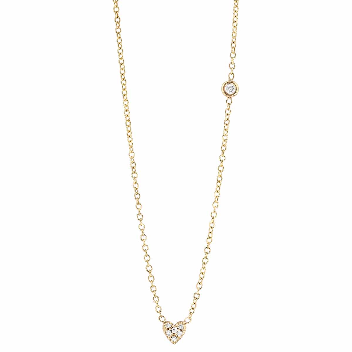 Zoe Chicco Diamond Pave Heart & Single Diamond Bezel Necklace in Yellow Gold, 16