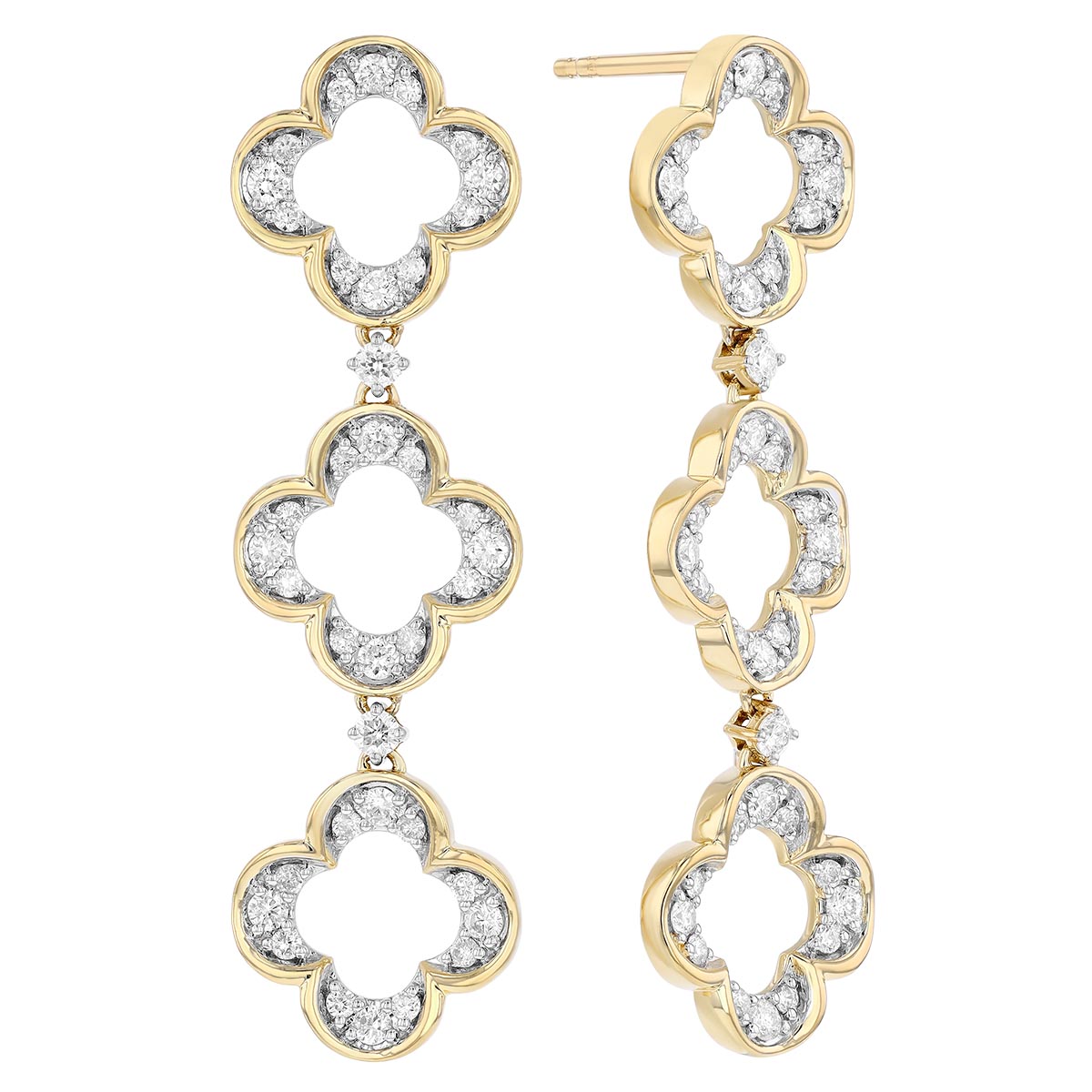 Diamond Triple Clover Dangle Earrings in White & Yellow Gold