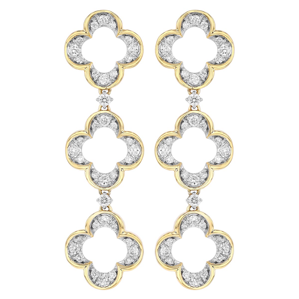 Diamond Triple Clover Dangle Earrings in White & Yellow Gold