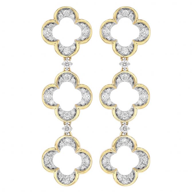 Diamond Triple Clover Dangle Earrings in White & Yellow Gold