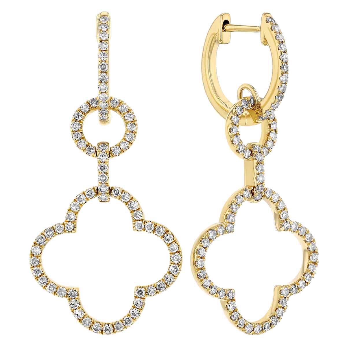 Diamond Open Clover Dangle Hoop Earrings in Yellow Gold