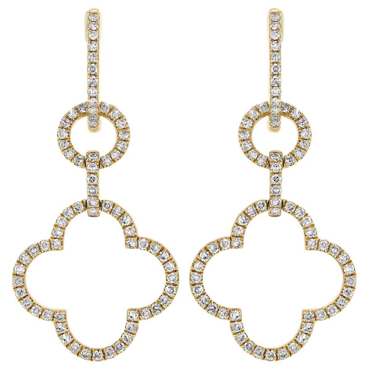 Diamond Open Clover Dangle Hoop Earrings in Yellow Gold