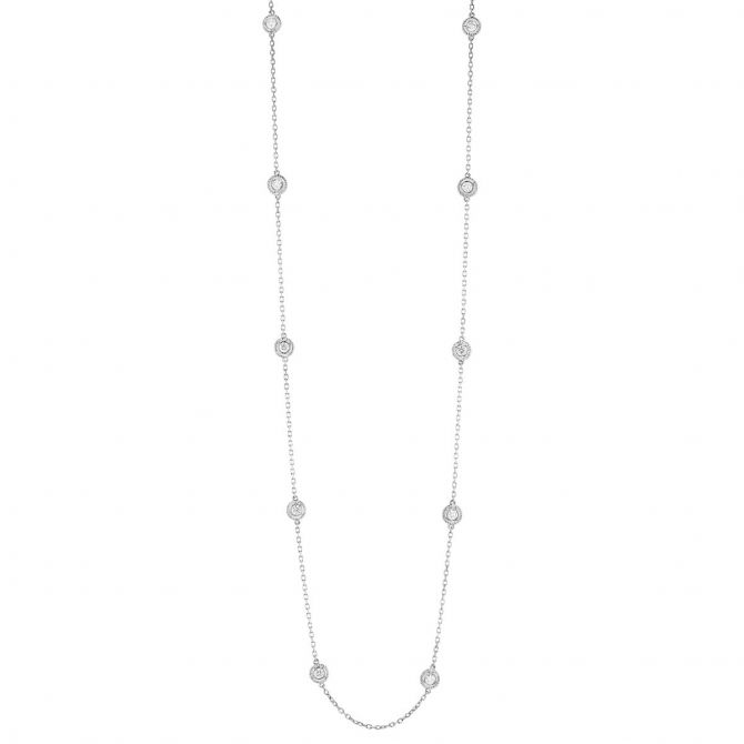 Round Diamond 10 Station & Milgrain Necklace in White Gold, 18", 0.75 cttw