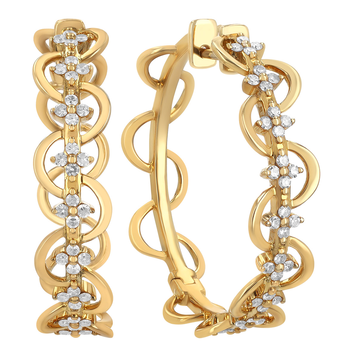 Diamond Cluster Ribbon Hoop Earrings in Yellow Gold