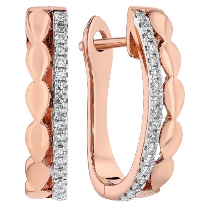 Diamond & Teardrop Bead Pattern Huggie Hoop Earrings in Rose Gold