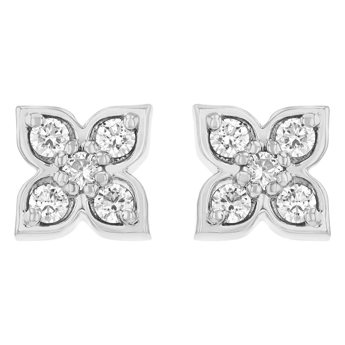 Diamond Floral Pointed Petal Stud Earrings in White Gold
