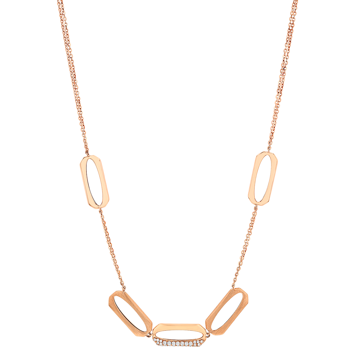 Rectangle Link Alternating Texture Necklace in Rose Gold with Diamonds, 18