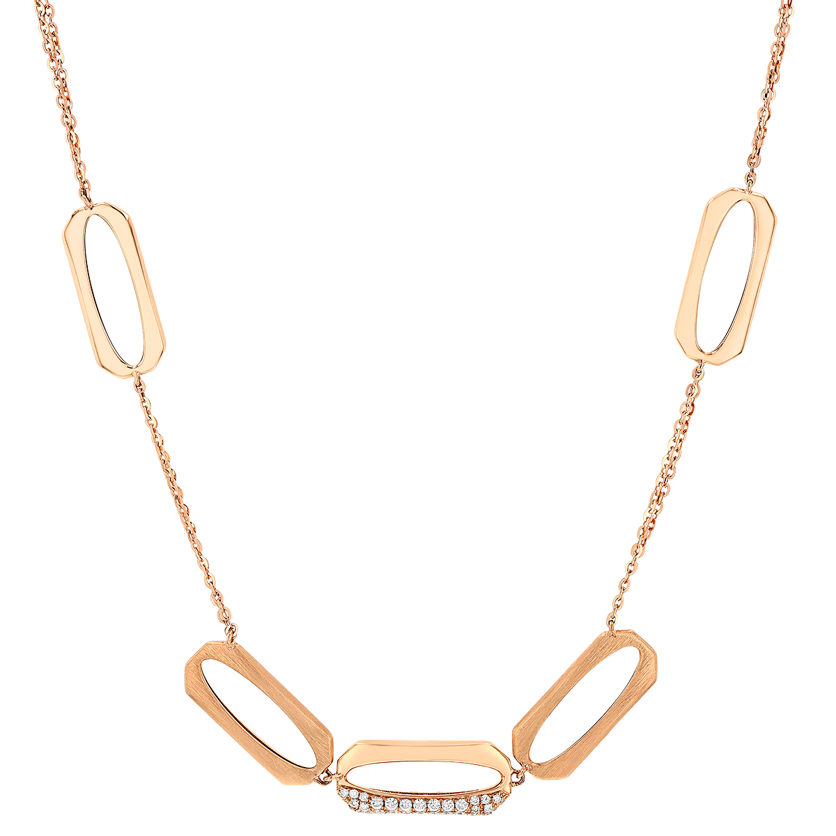 Rectangle Link Alternating Texture Necklace in Rose Gold with Diamonds, 18