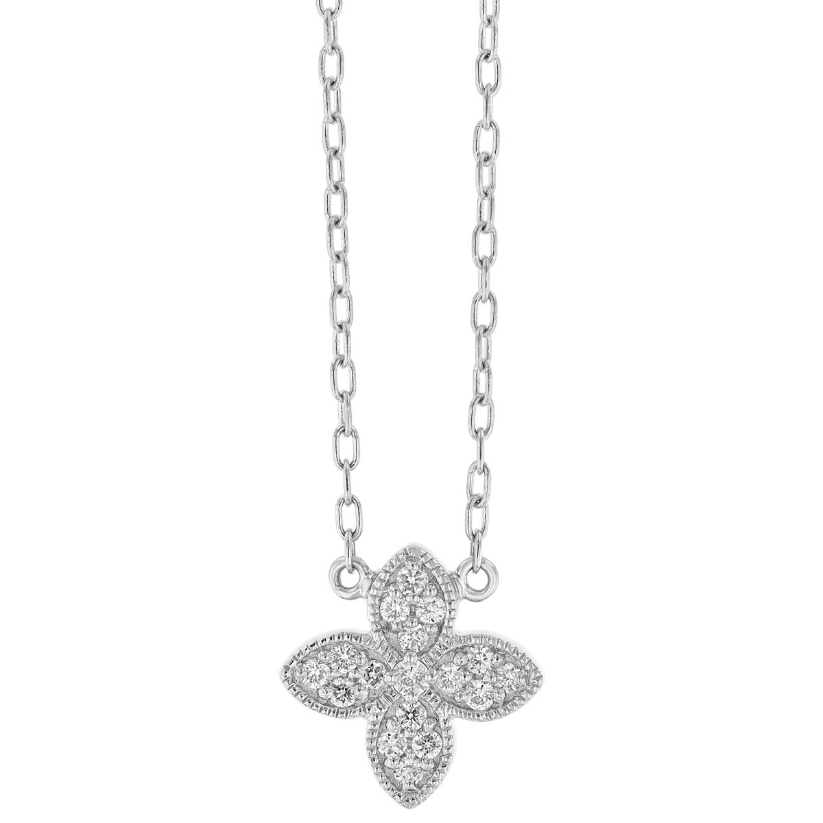Diamond Pave 4 Petal Flower Pendant in White Gold, 18