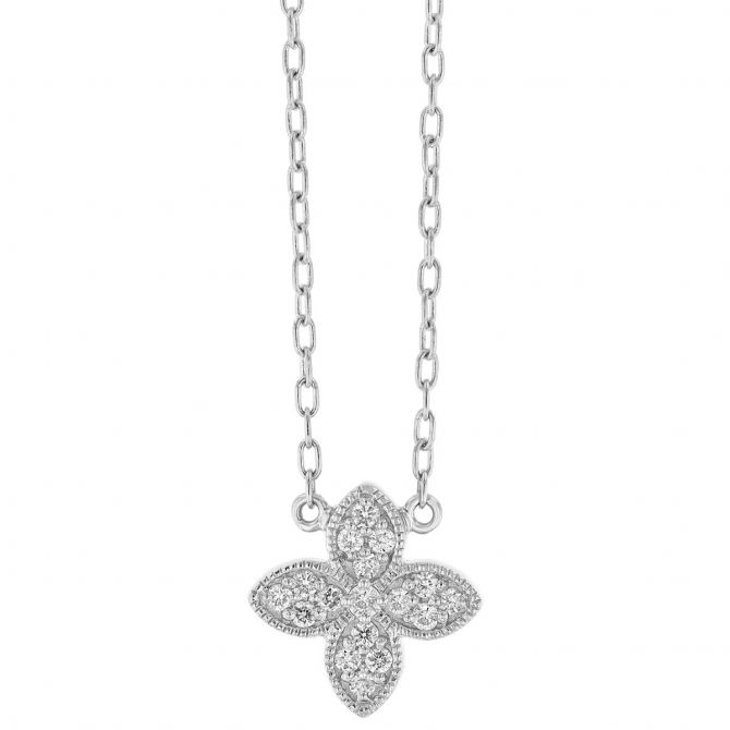 Diamond Pave 4 Petal Flower Pendant in White Gold, 18"