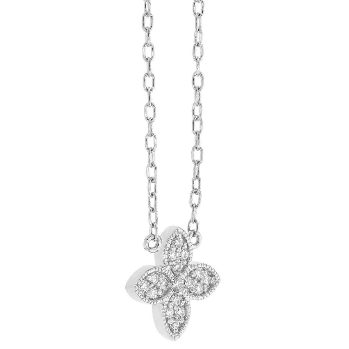 Diamond Pave 4 Petal Flower Pendant in White Gold, 18