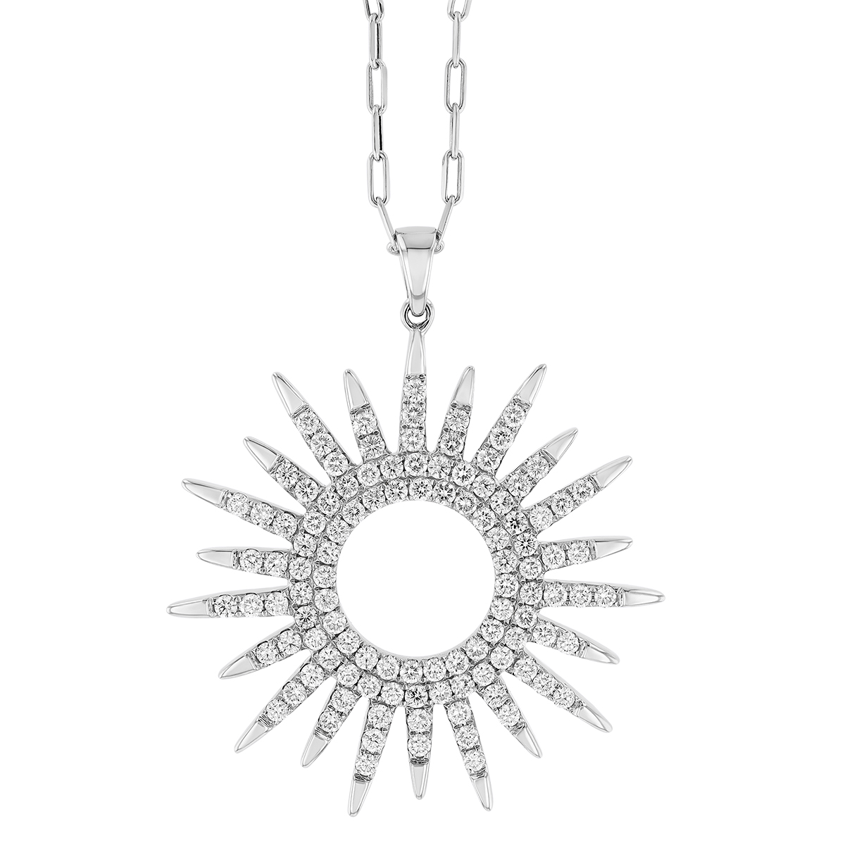 Diamond Pave Open Sunburst Pendant in White Gold