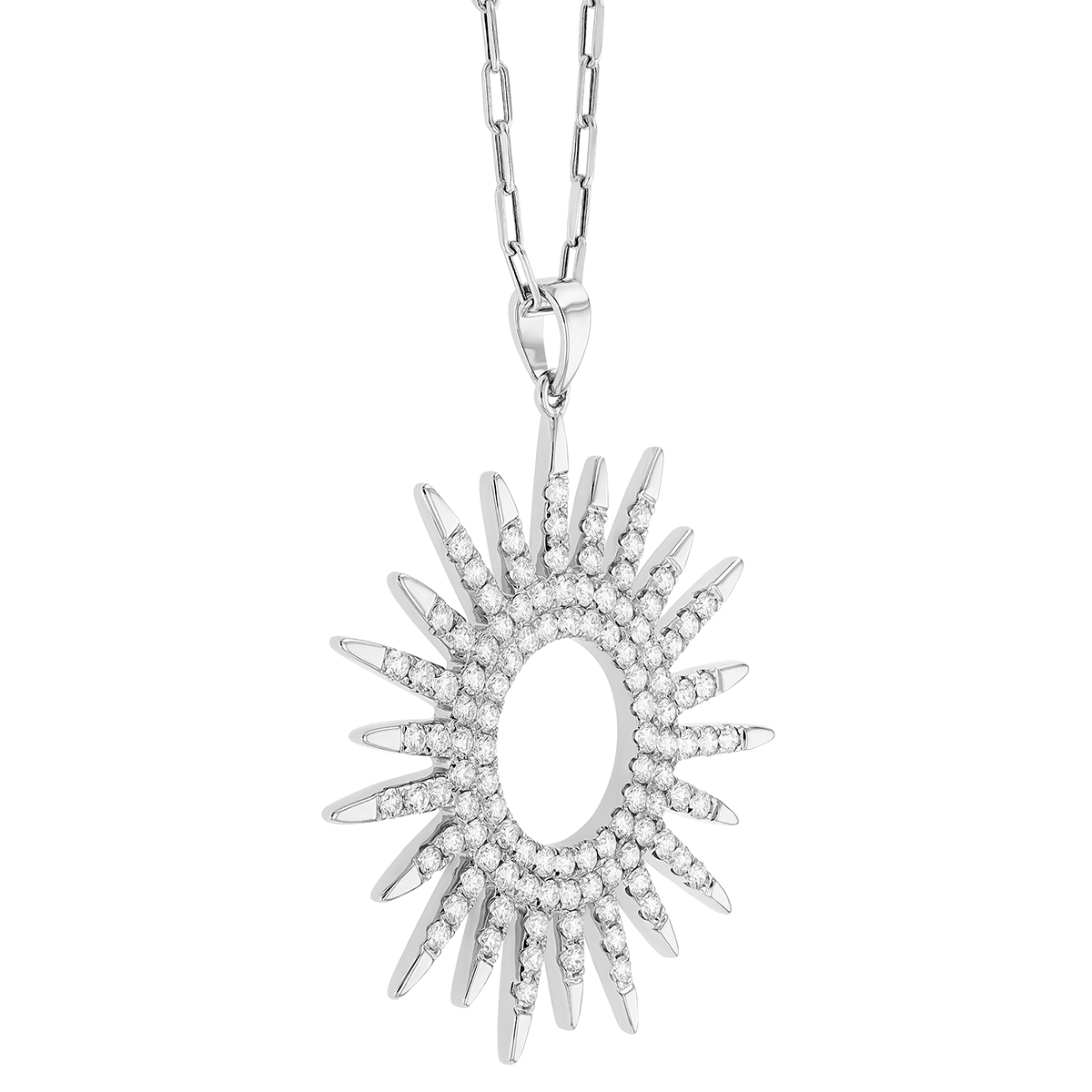 Diamond Pave Open Sunburst Pendant in White Gold