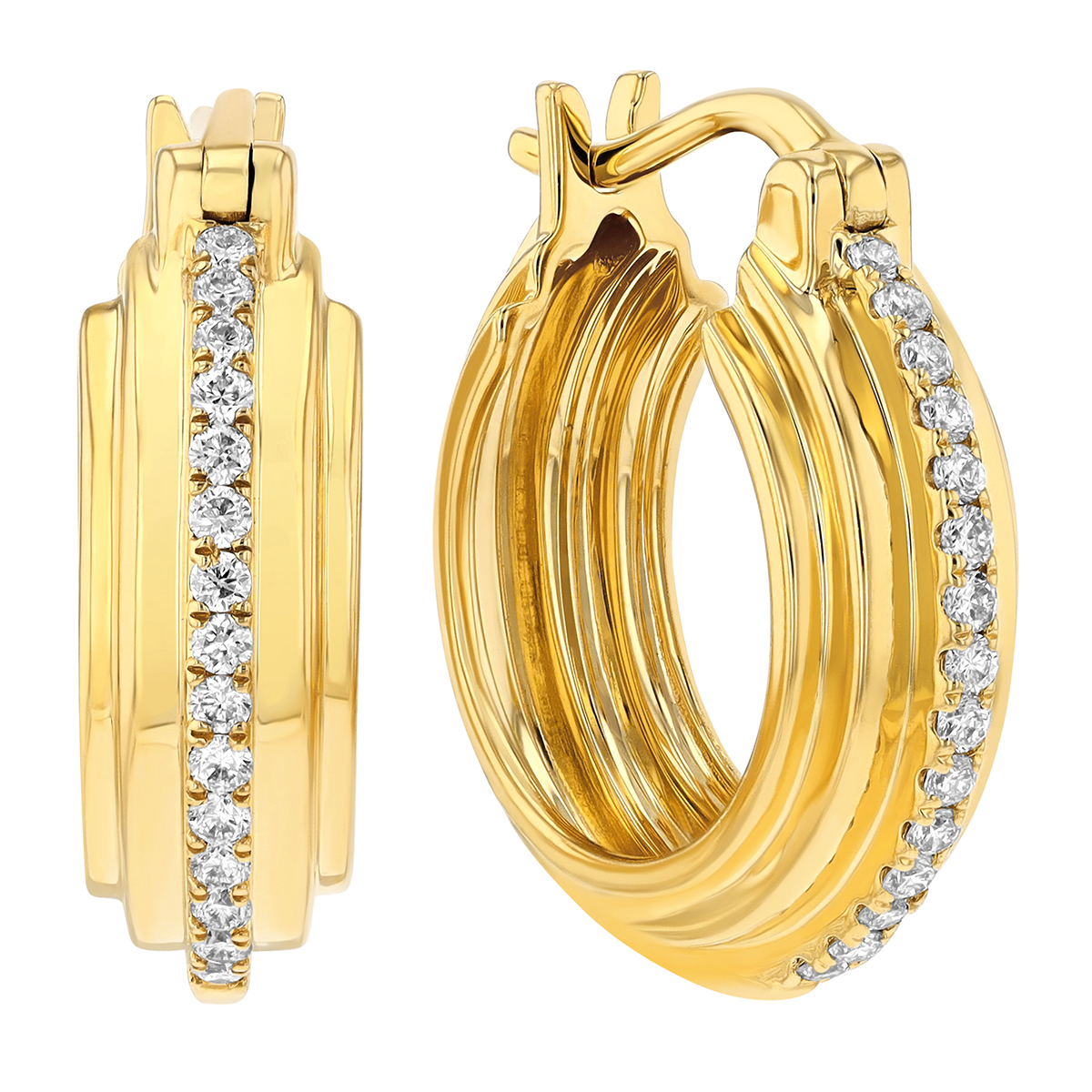 Diamond Column Side Step Hoop Earrings in Yellow Gold