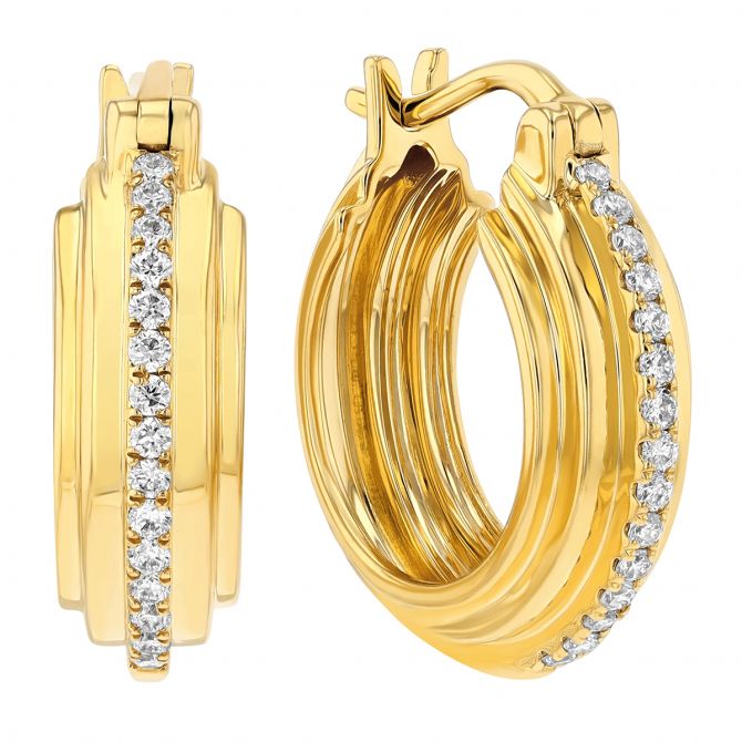 Diamond Column Side Step Hoop Earrings in Yellow Gold