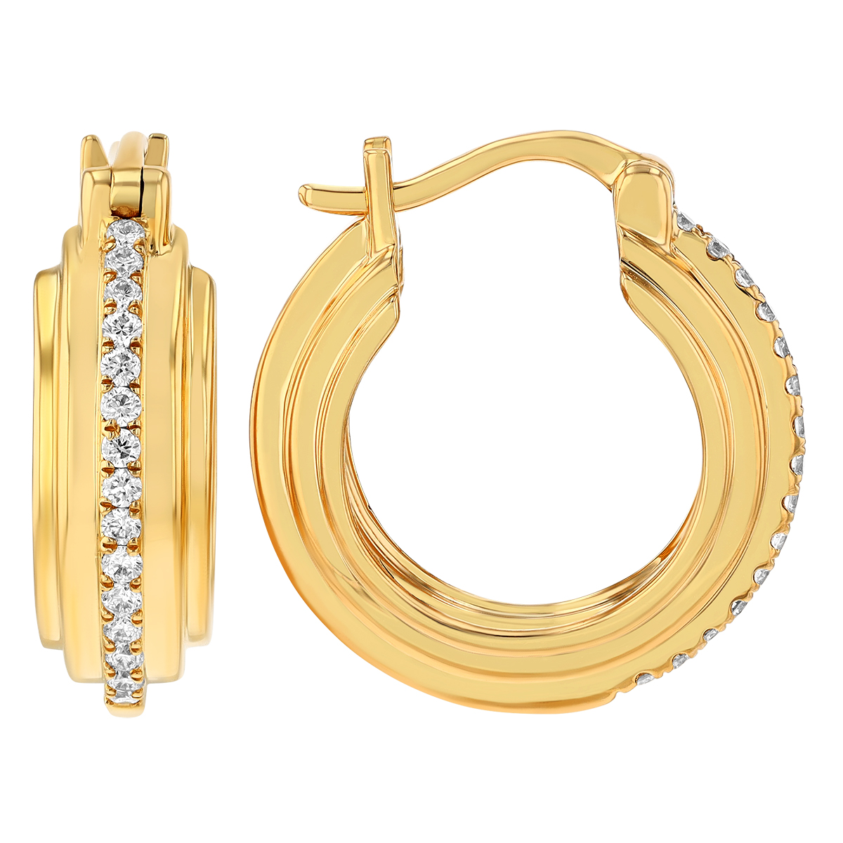 Diamond Column Side Step Hoop Earrings in Yellow Gold