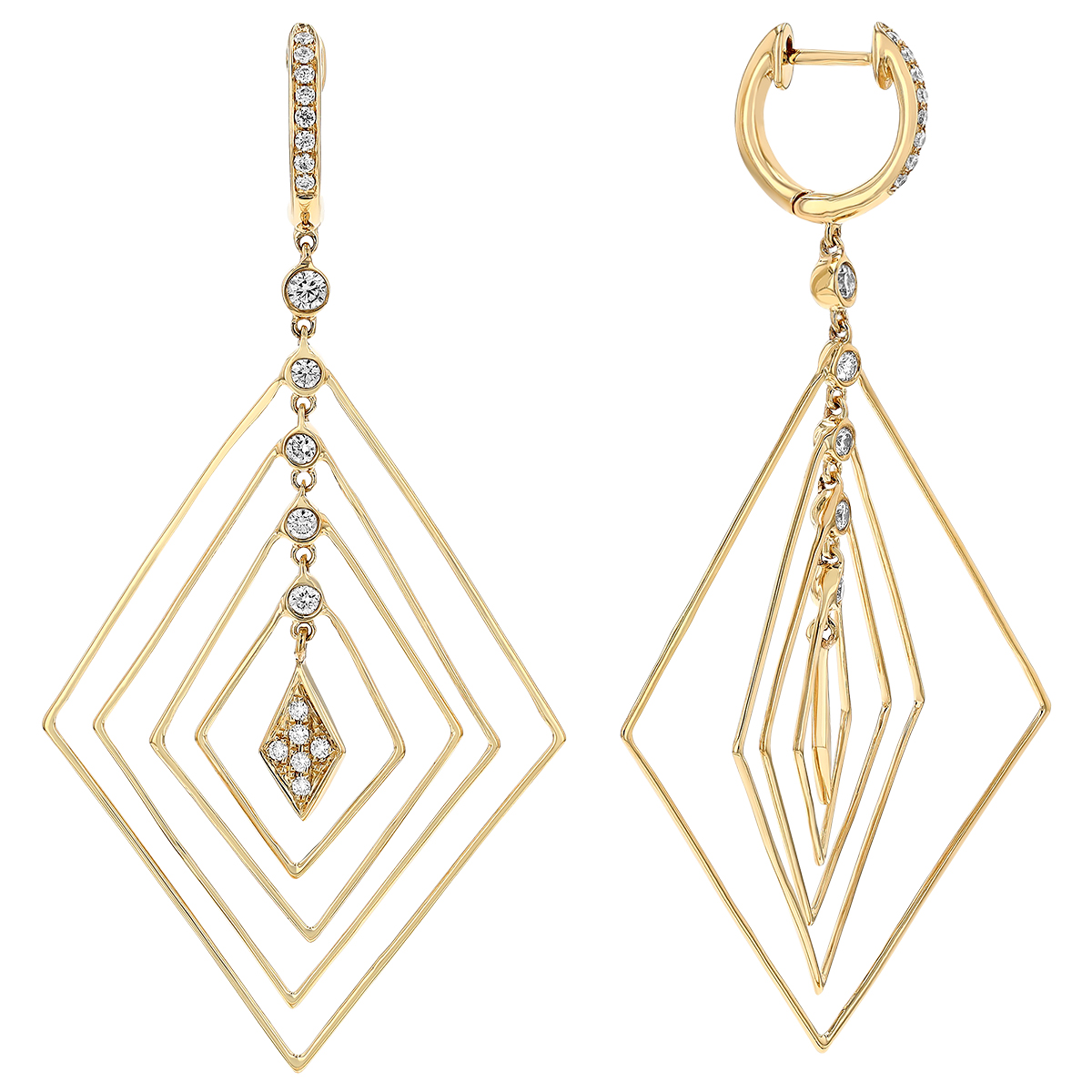 Diamond Kite Shape Layered Geometric Dangle Hoop Earrings in Yellow Gold