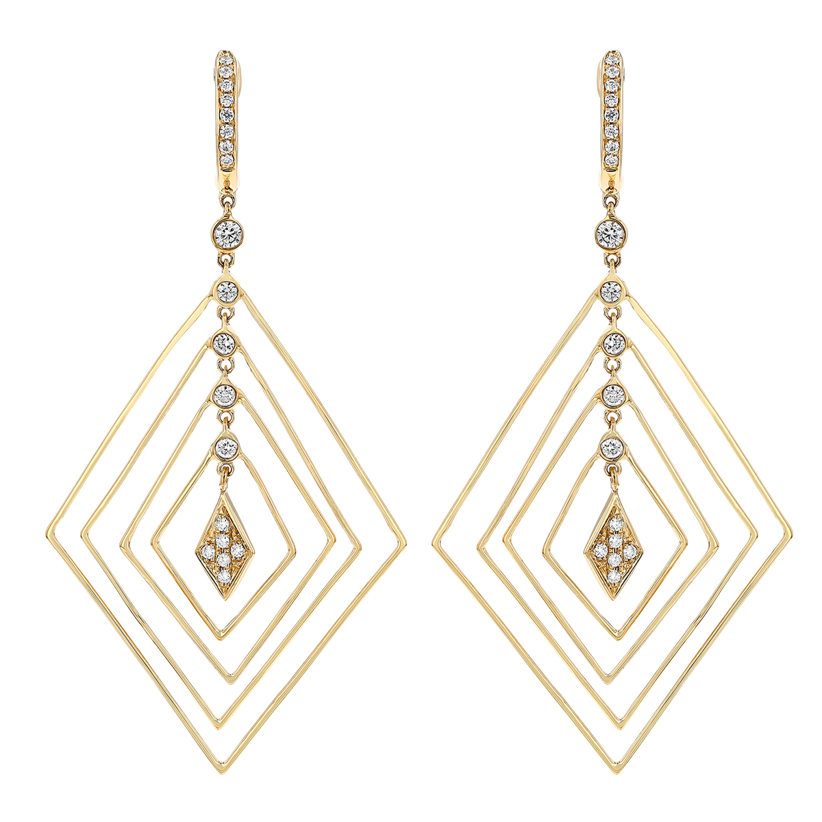 Diamond Kite Shape Layered Geometric Dangle Hoop Earrings in Yellow Gold