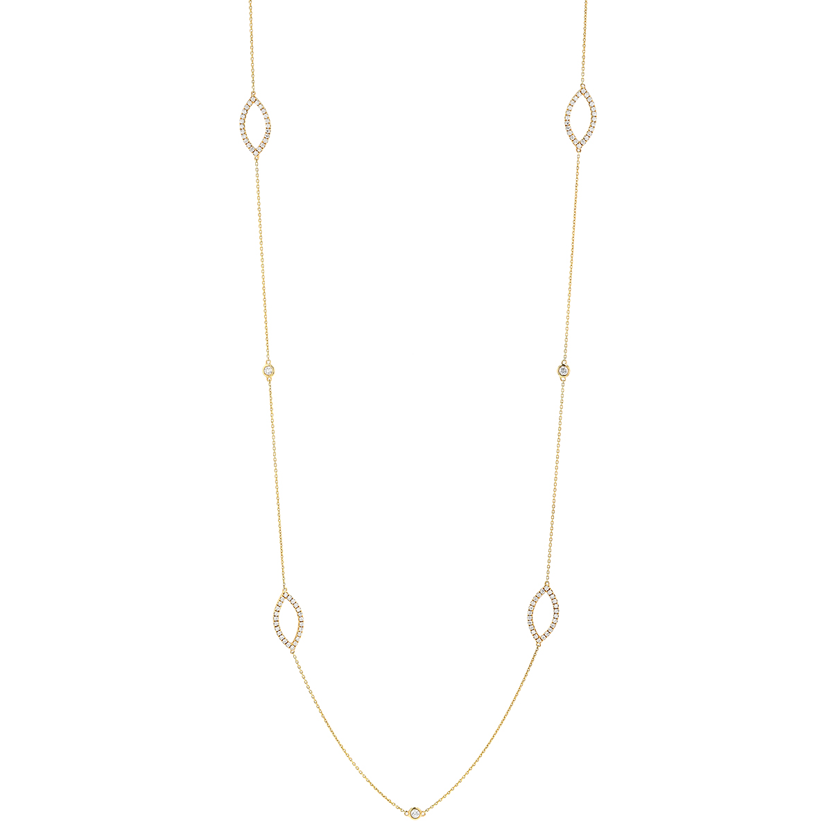 Bezel Set Diamond & Open Marquise Shape Station Necklace in Yellow Gold, 36