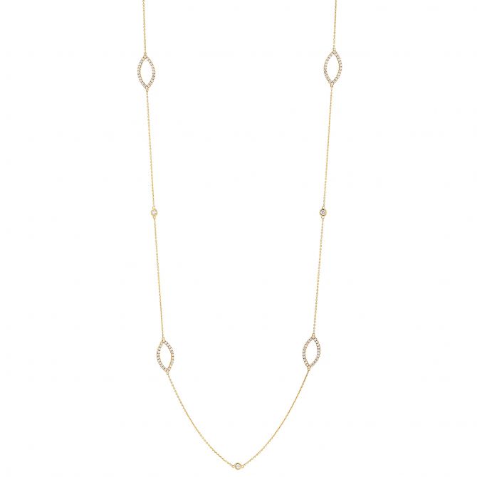 Bezel Set Diamond & Open Marquise Shape Station Necklace in Yellow Gold, 36"