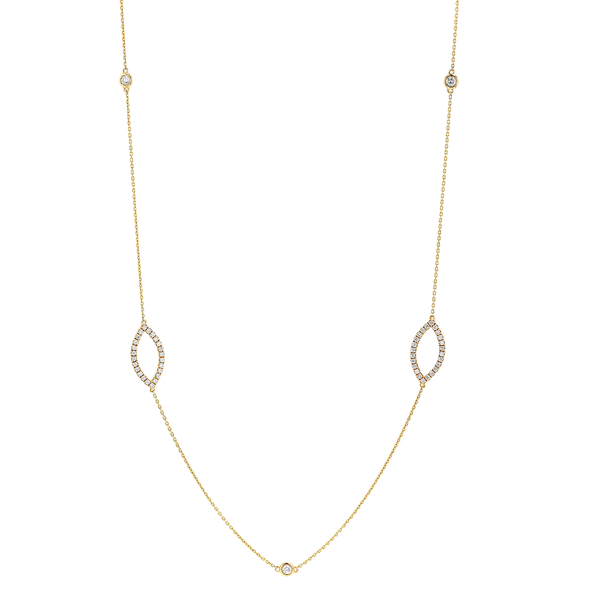 Bezel Set Diamond & Open Marquise Shape Station Necklace in Yellow Gold, 36