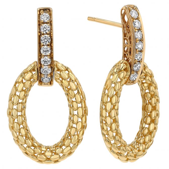 Diamond & Yellow Gold Woven Rope Design Open Circle Drop Earrings