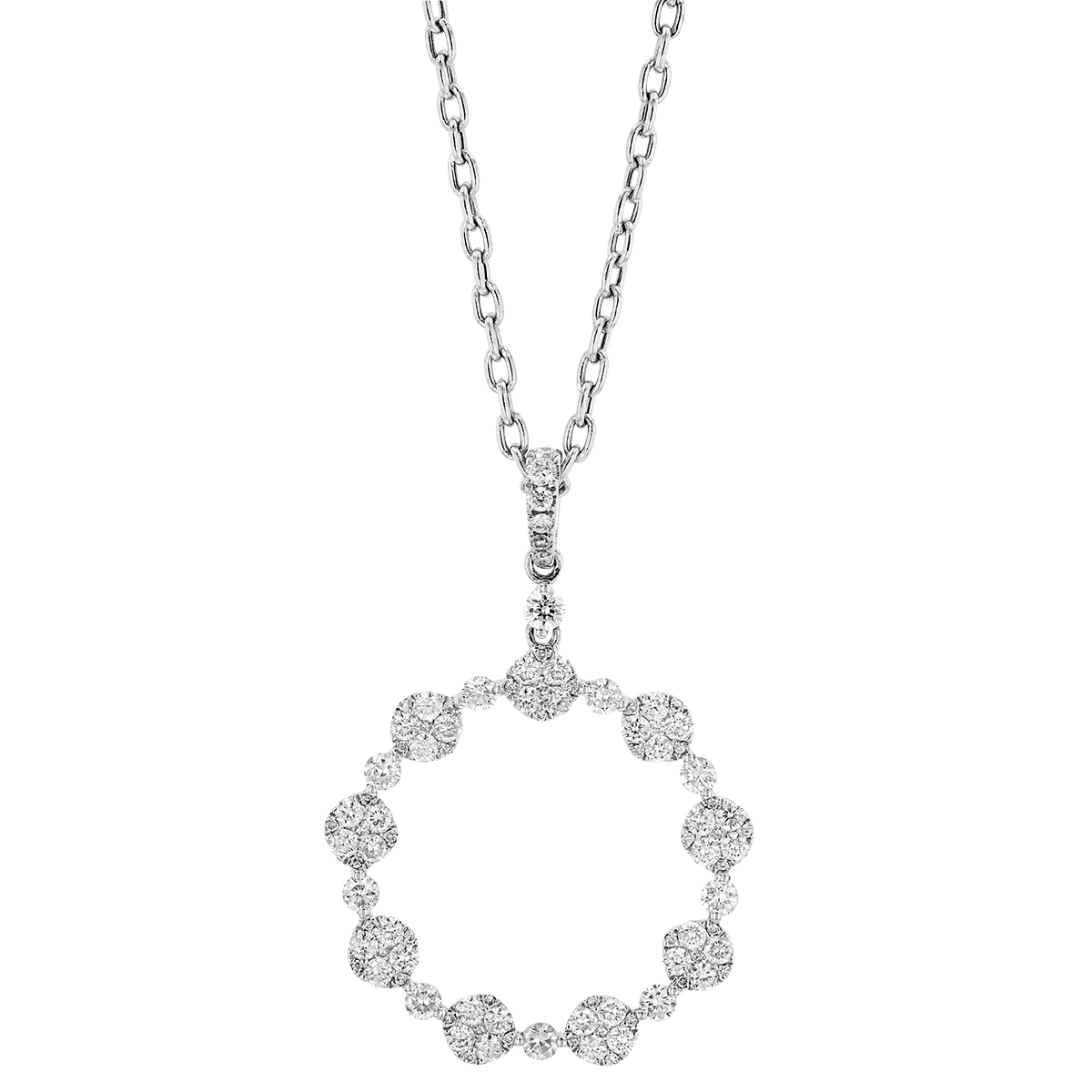 Diamond Alternating Cluster Open Circle Pendant in White Gold, 18