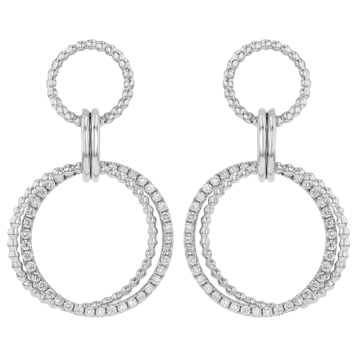 Diamond & Beaded Double Circle Dangle Earrings in White Gold