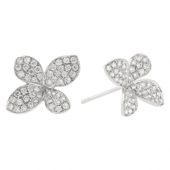Diamond Pave 4 Petal Flower Post Earrings in White Gold