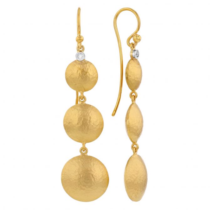 Marika Yellow Gold Triple Disc Dangle Earrings with Diamonds