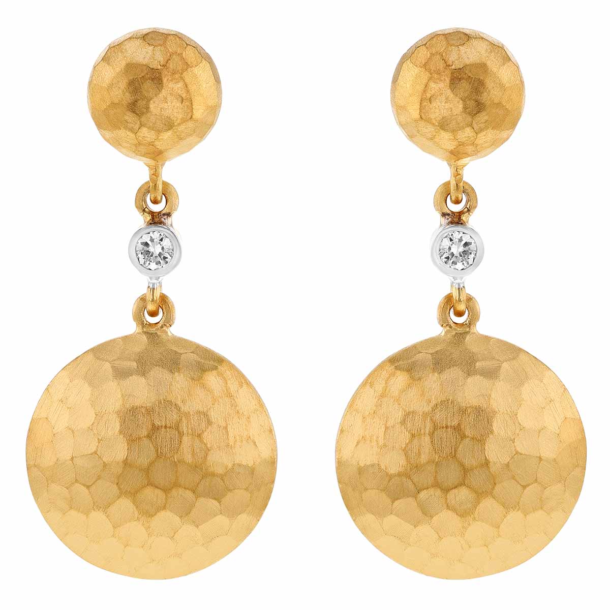Marika Yellow Gold Hammered Disc Double Drop Earrings with Diamonds