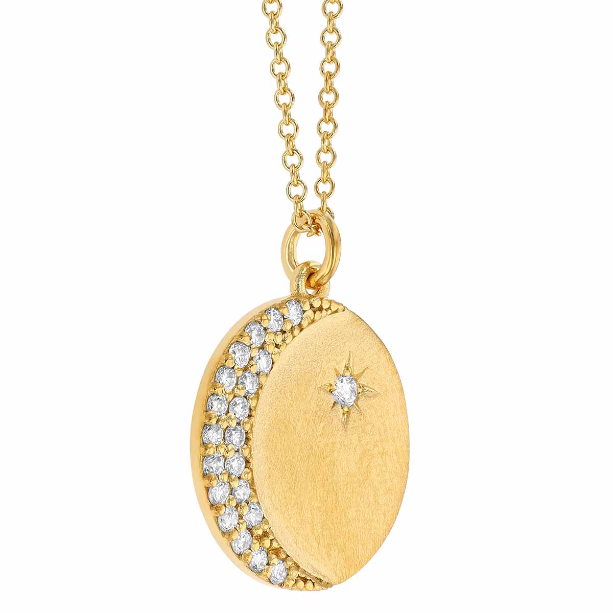 Marika Diamond Pavé Crescent Moon & Star Disc Pendant in Yellow Gold, 18'