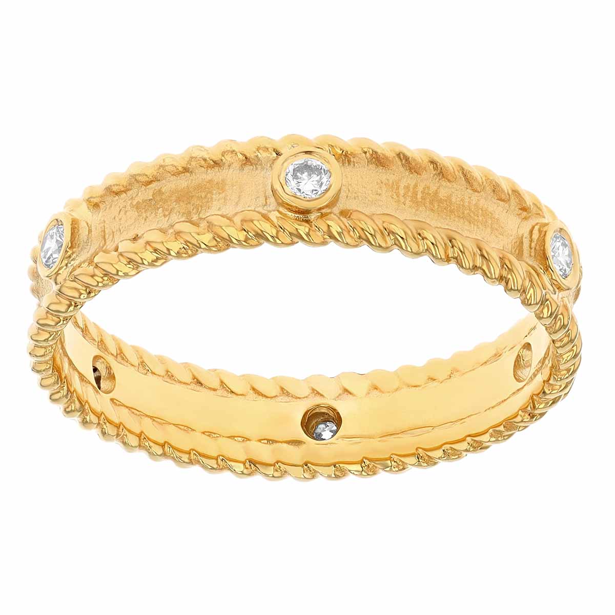 Marika Yellow Gold Band Ring with Bezel Set Diamonds and Twist Edges ...