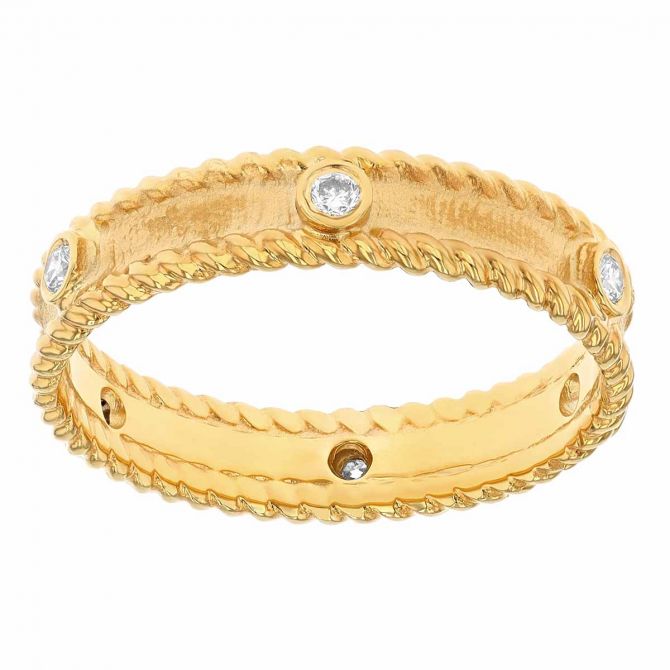 Marika Yellow Gold Band Ring with Bezel Set Diamonds and Twist Edges