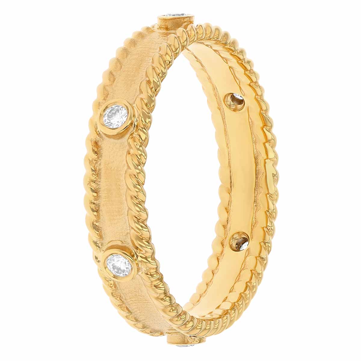 Marika Yellow Gold Band Ring with Bezel Set Diamonds and Twist Edges
