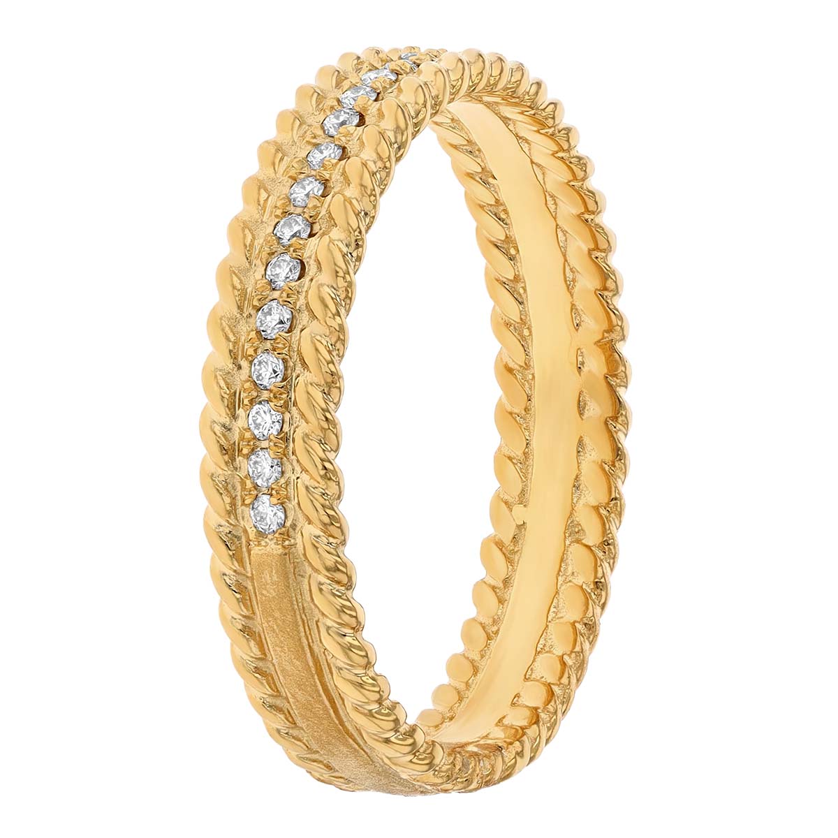 Marika Yellow Gold Band Ring with Diamond Center and Twist Edges