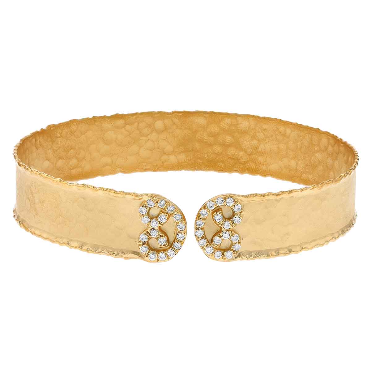 Marika Yellow Gold Hammered Cuff Bracelet with Diamond Swirl Accents