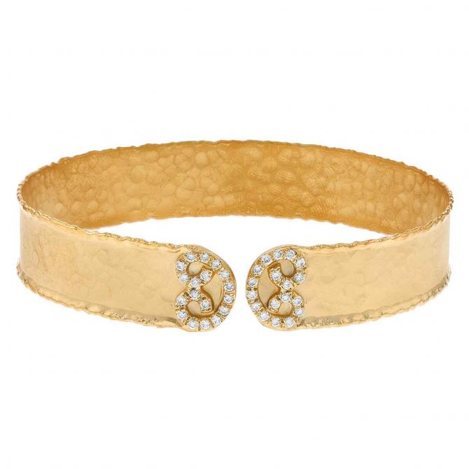 Marika Yellow Gold Hammered Cuff Bracelet with Diamond Swirl Accents