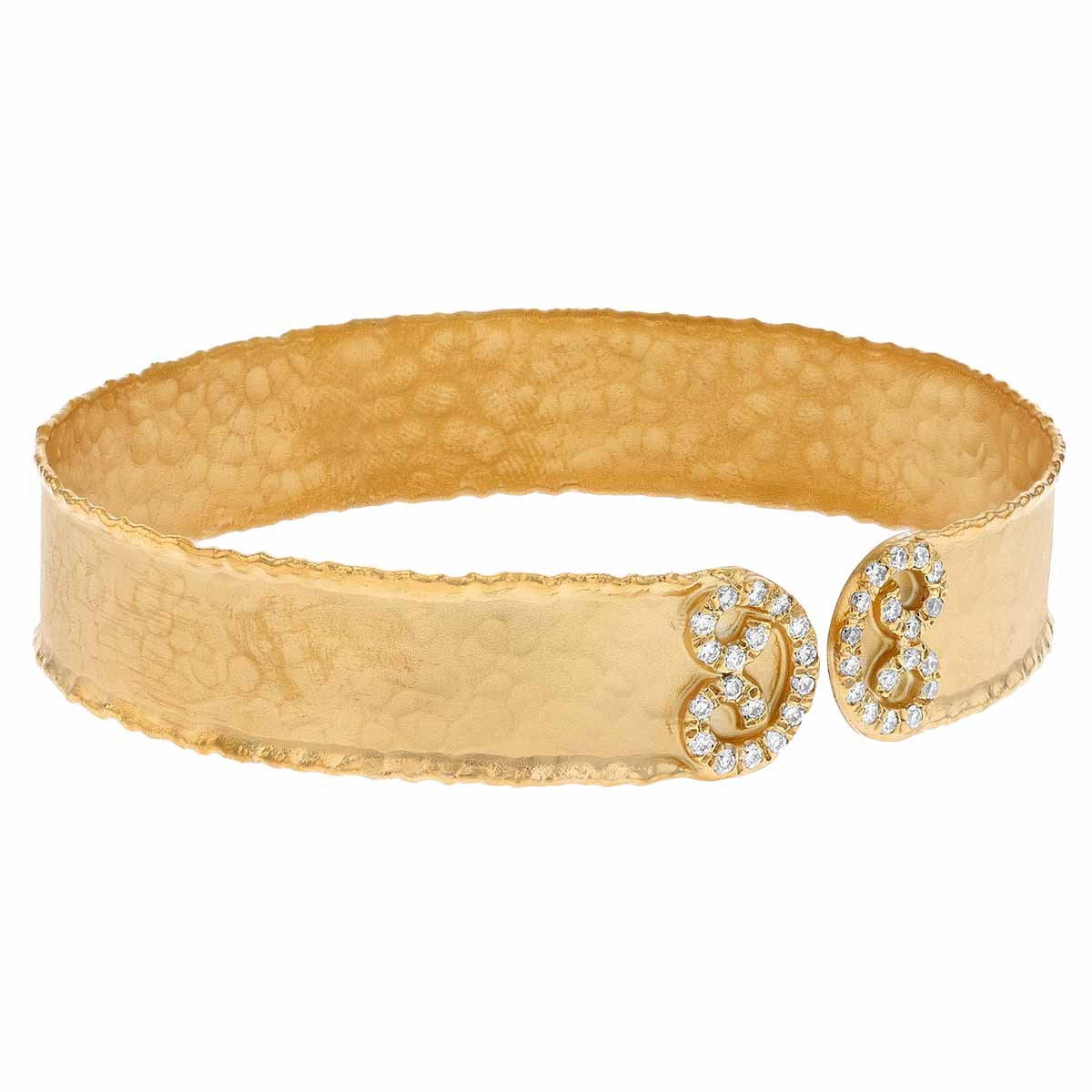Marika Yellow Gold Hammered Cuff Bracelet with Diamond Swirl Accents